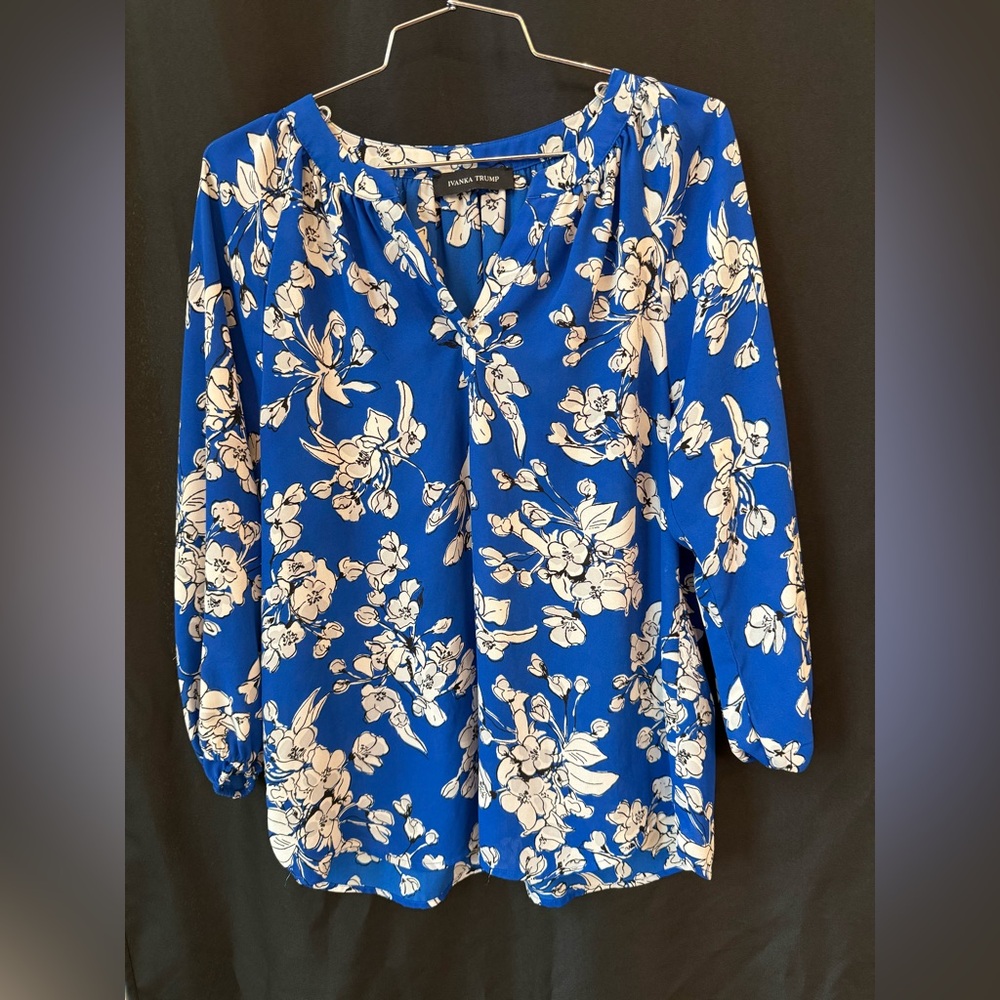 Ivanka Trump Blue and White Floral Blouse, 3/4 sleeve.